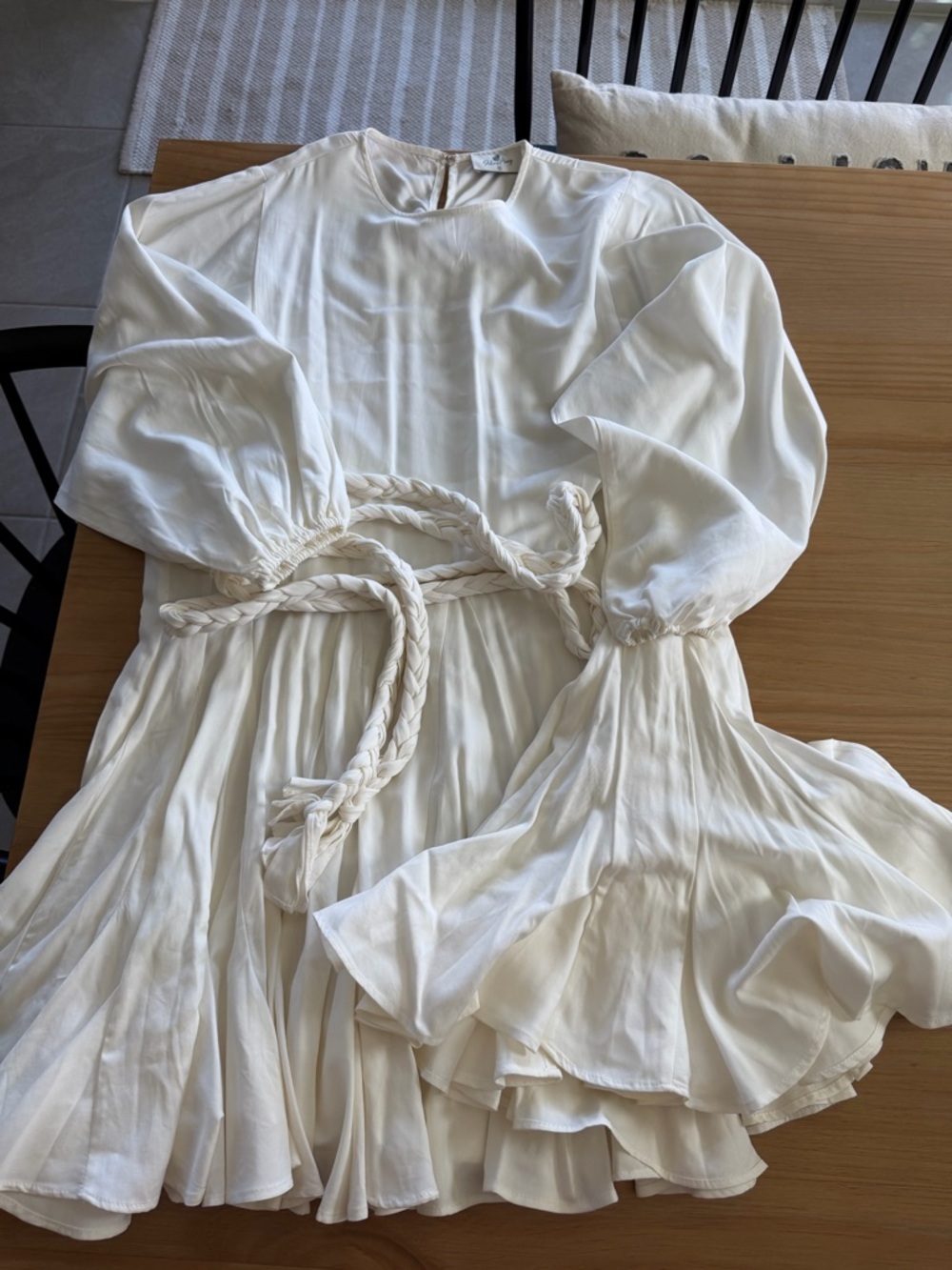 Women's Ivory Long Sleeve Pleated Dress with Braided Waist Tie